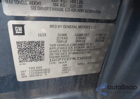 2020 Chevrolet Silverado 4Wd Short Bed Custom Trail Boss z USA, uszkodzony, nr VIN 1GCPYCEF9LZ163221